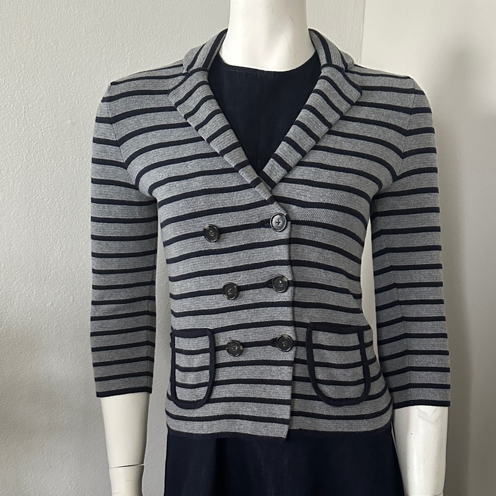 LOFT Navy Gray Striped Sweater Blazer XSP | Double Breasted Knit Jacket